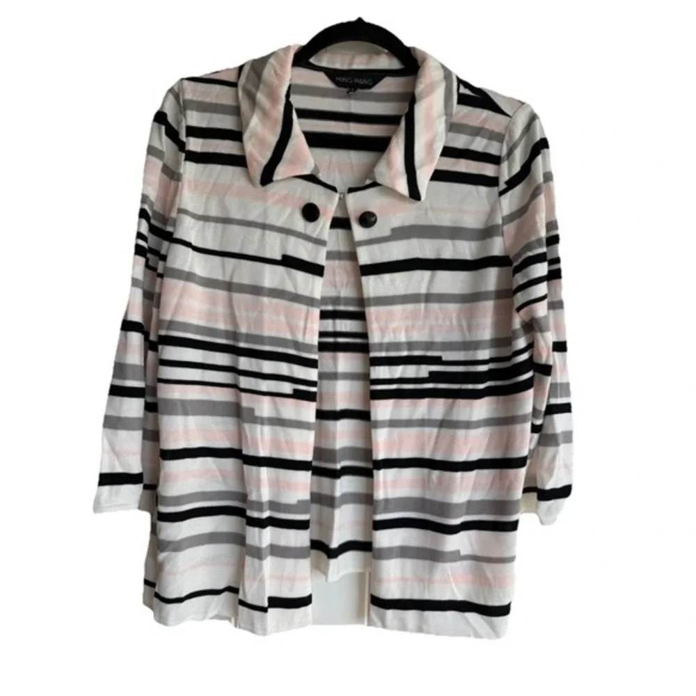 MING WANG Slinky Pink Black‎ White Stripe Open Front Cardigan Size L